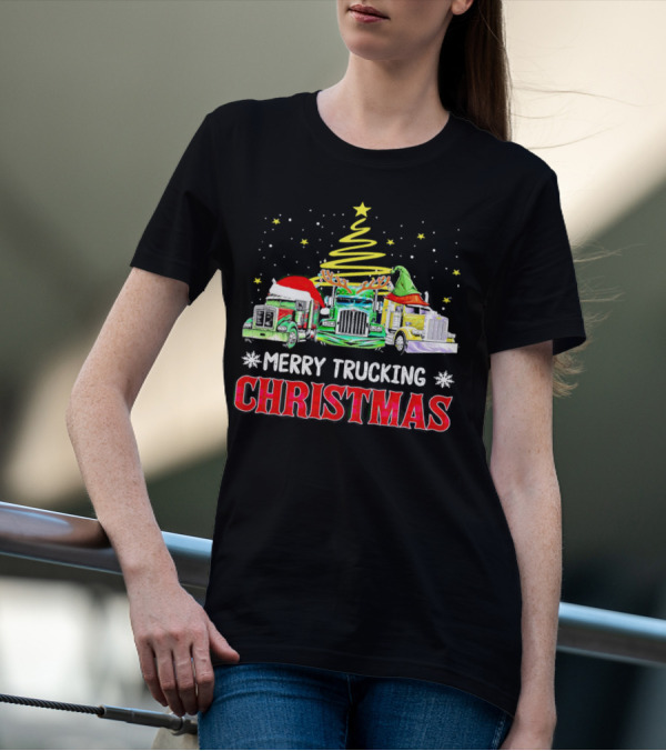 Merry Trucking Christmas With Festive Decorated Trucks And Starry Tree T-Shirt