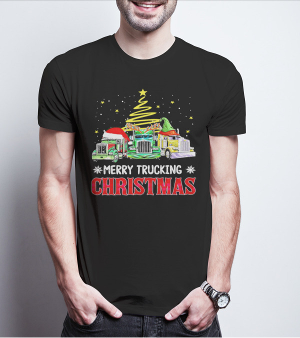 Merry Trucking Christmas With Festive Decorated Trucks And Starry Tree T-Shirt