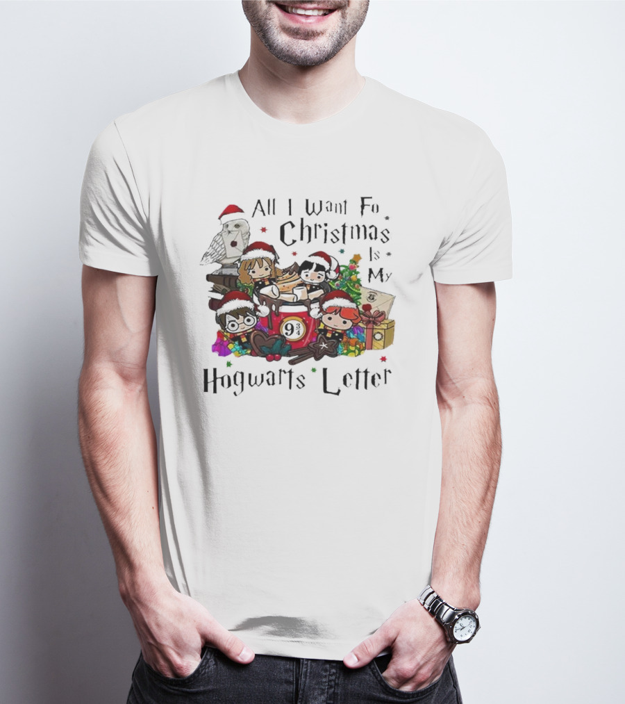 All I Want For Christmas Is My Hogwarts Letter Platform 9¾ With Owl Santa Hats And Gifts T-Shirt