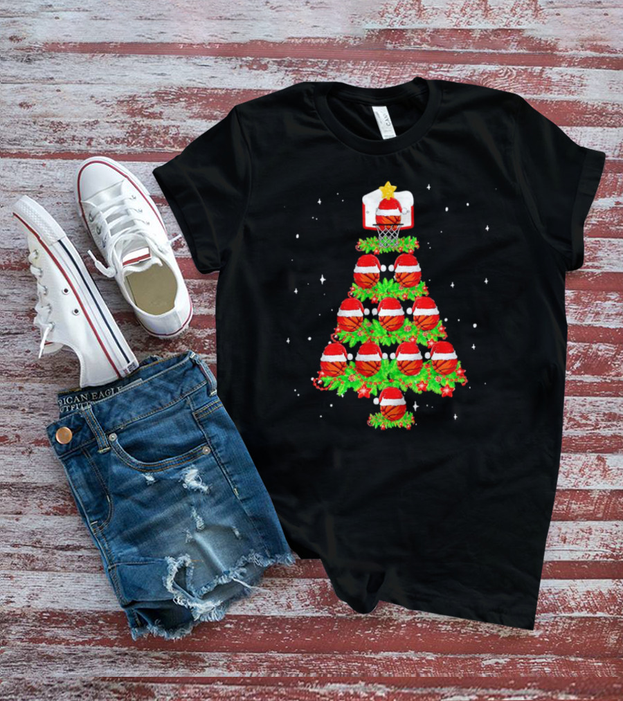 Basketball Hoops And Santa Hats Christmas Tree T-Shirt