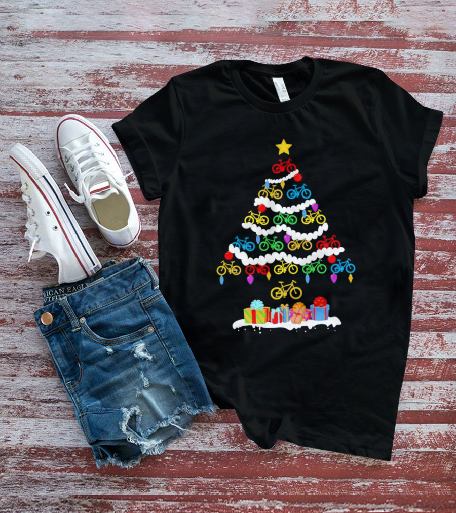 Colorful Bicycle Christmas Tree With Star And Presents T-Shirt