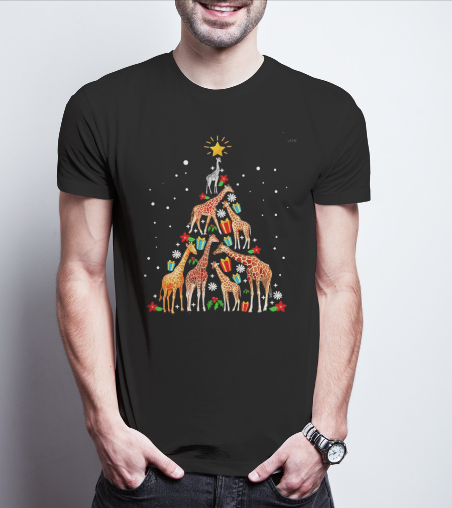 Giraffe Christmas Tree Star Presents Snowflakes T-Shirt