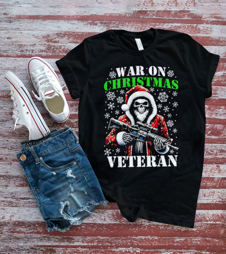 War On Christmas Veteran Skeleton Santa With Rifle Snowflakes T-Shirt