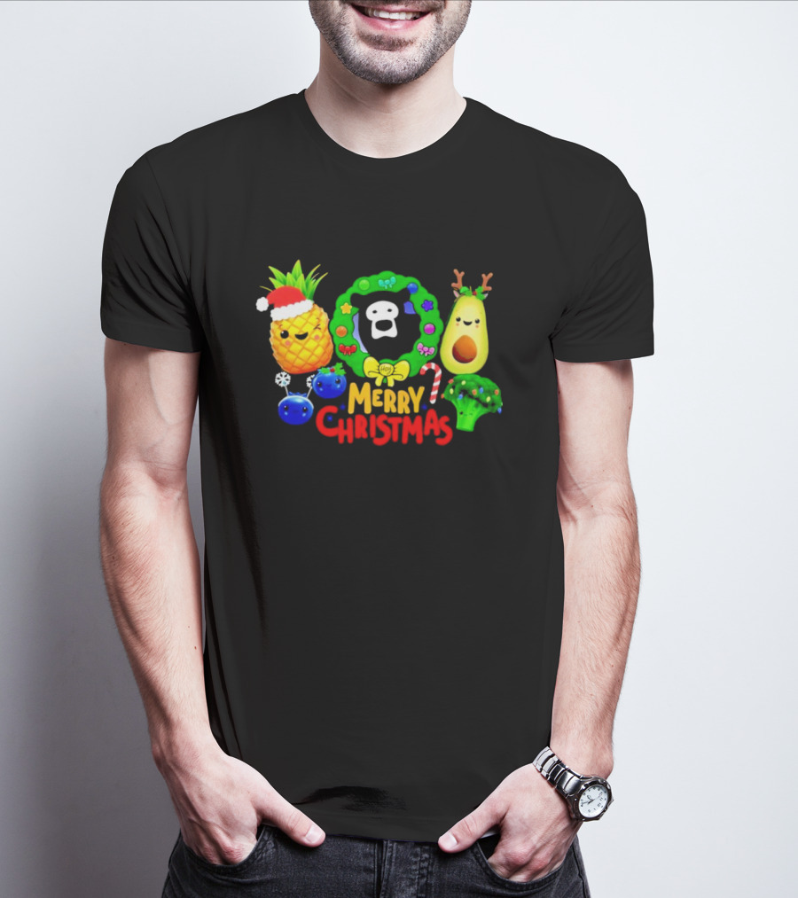 Hey Bear Sensory Merry Christmas Pineapple Avocado Broccoli Wreath T-Shirt