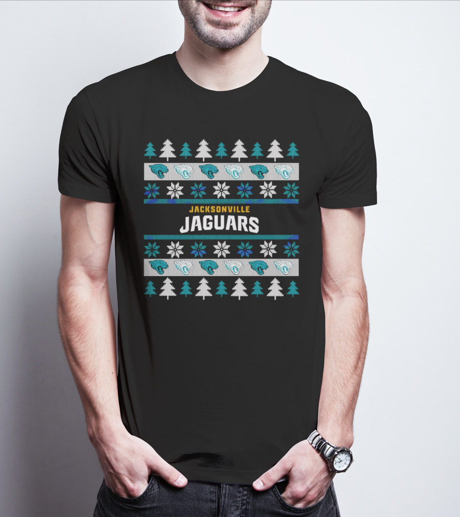 Jacksonville Jaguars Ugly Christmas Sweater Football Holiday Trees Snowflakes​​ T-Shirt