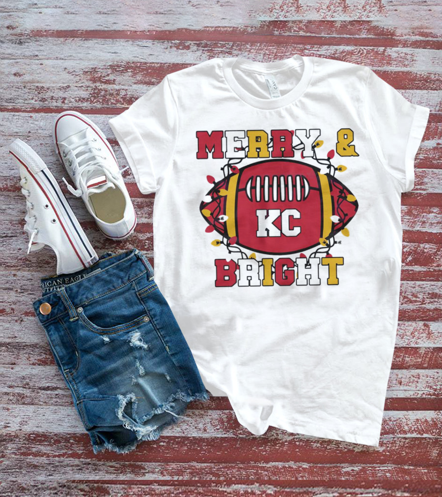 Kansas City Chiefs Merry And Bright Christmas KC Football Lights T-Shirt