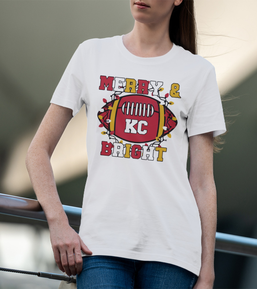 Kansas City Chiefs Merry And Bright Christmas KC Football Lights T-Shirt