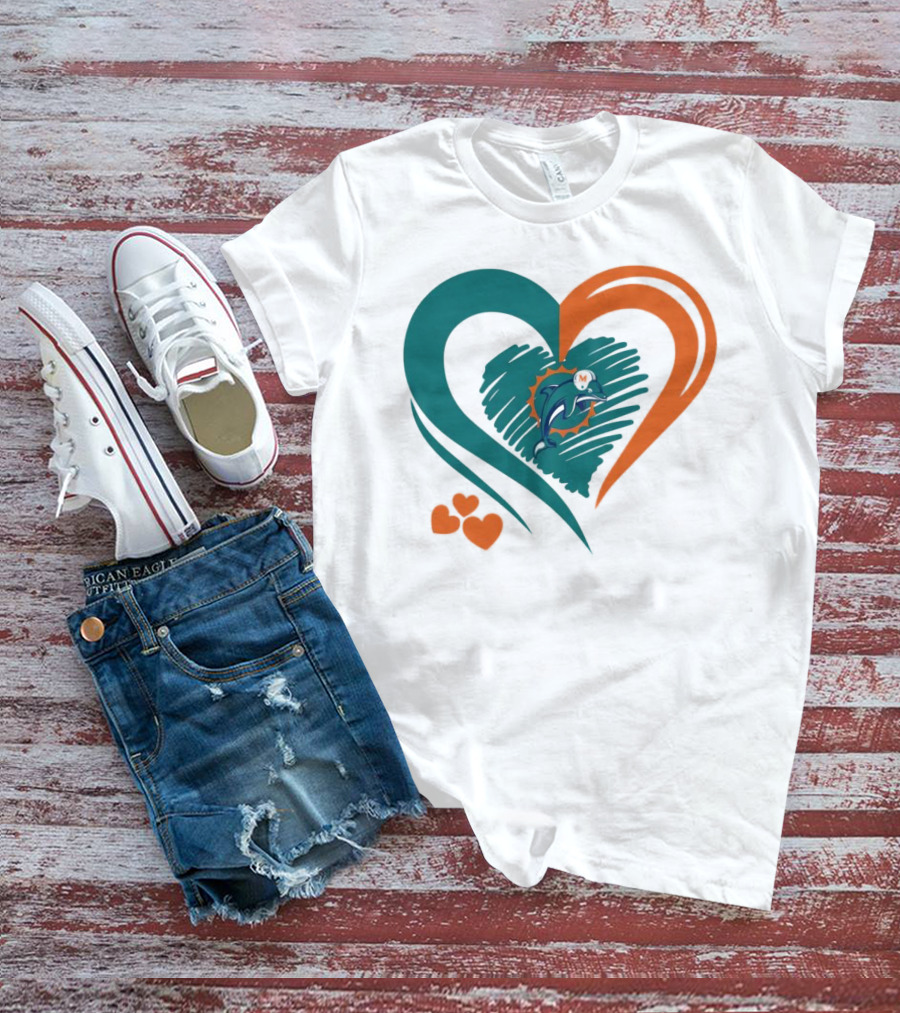 Miami Dolphins Heart Shape Emblem With Three Small Hearts T-Shirt