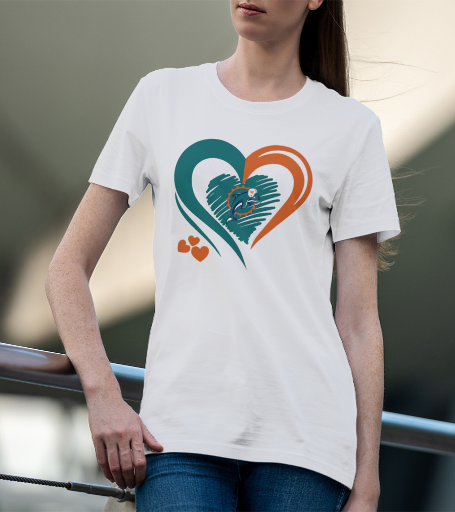 Miami Dolphins Heart Shape Emblem With Three Small Hearts T-Shirt
