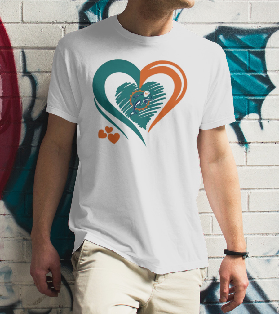 Miami Dolphins Heart Shape Emblem With Three Small Hearts T-Shirt