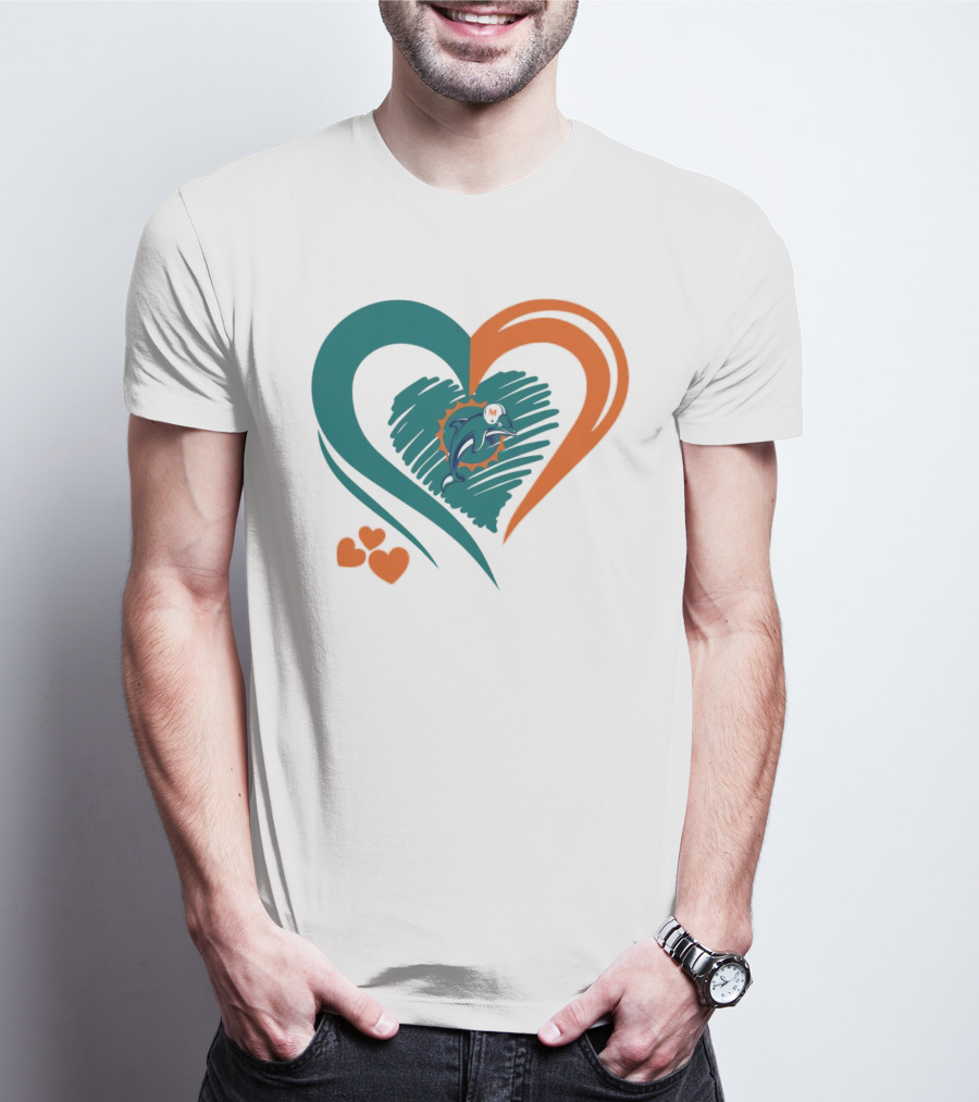 Miami Dolphins Heart Shape Emblem With Three Small Hearts T-Shirt