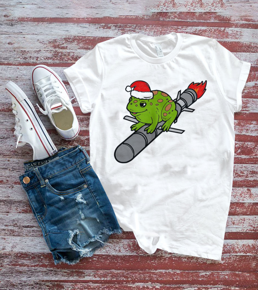 Missile Toad Christmas Frog With Santa Hat Riding A Rocket T-Shirt