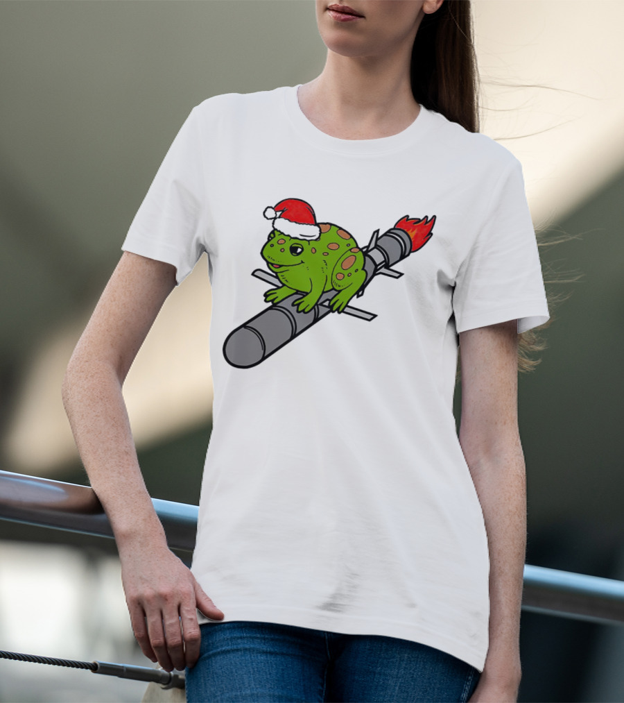 Missile Toad Christmas Frog With Santa Hat Riding A Rocket T-Shirt