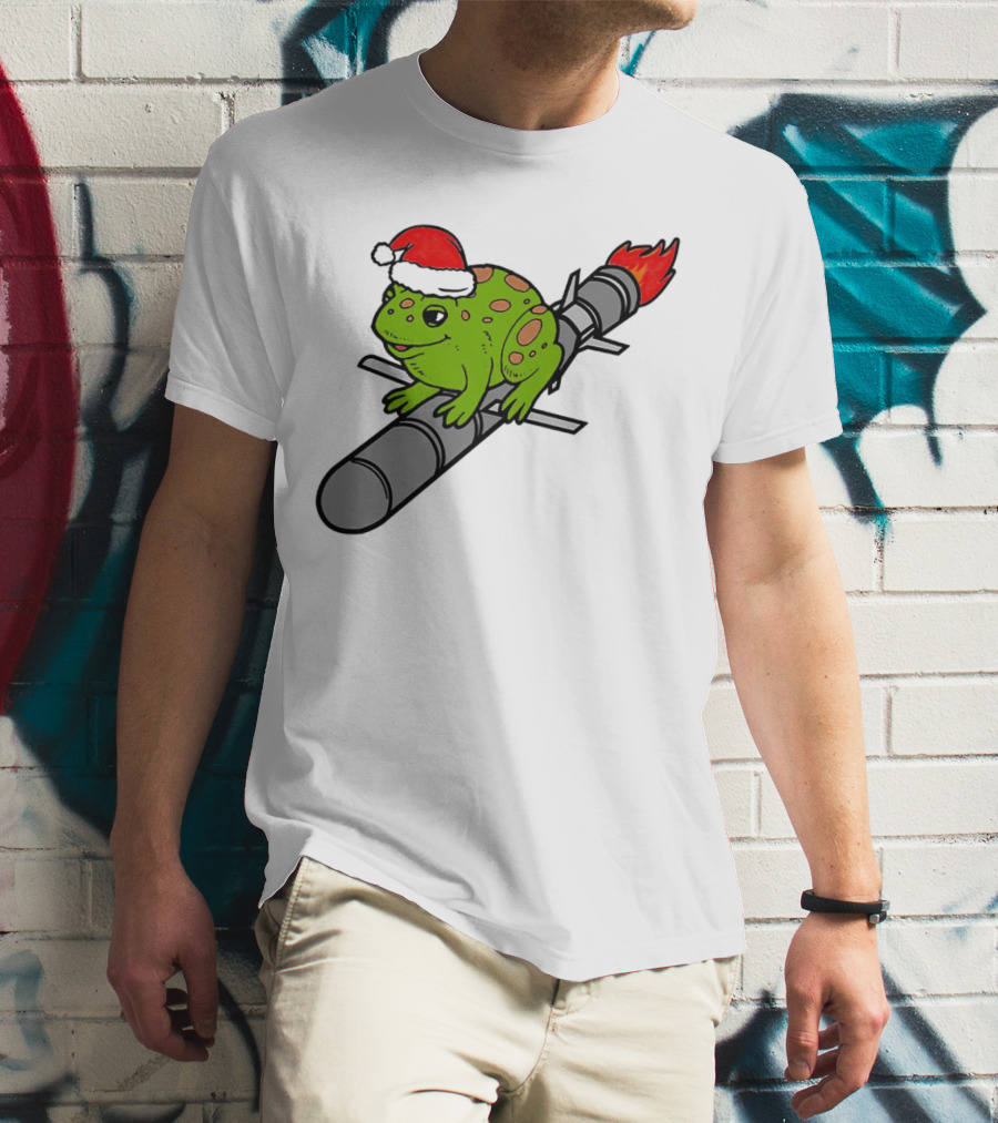 Missile Toad Christmas Frog With Santa Hat Riding A Rocket T-Shirt