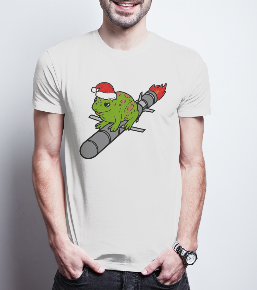 Missile Toad Christmas Frog With Santa Hat Riding A Rocket T-Shirt