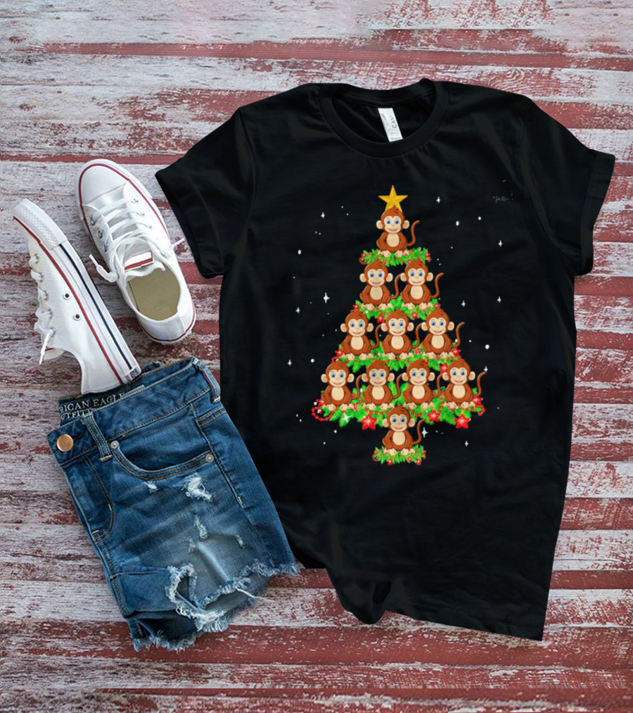Monkey Christmas Tree Star Top Holiday Decor T-Shirt
