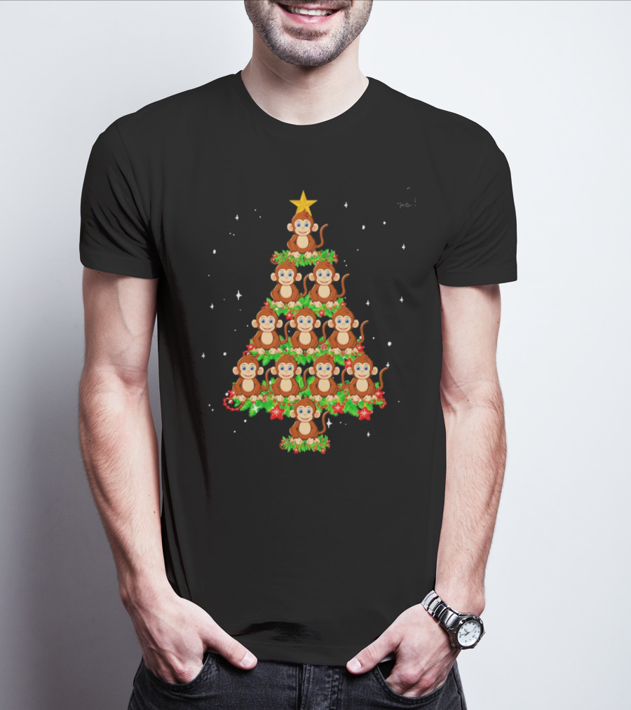 Monkey Christmas Tree Star Top Holiday Decor T-Shirt