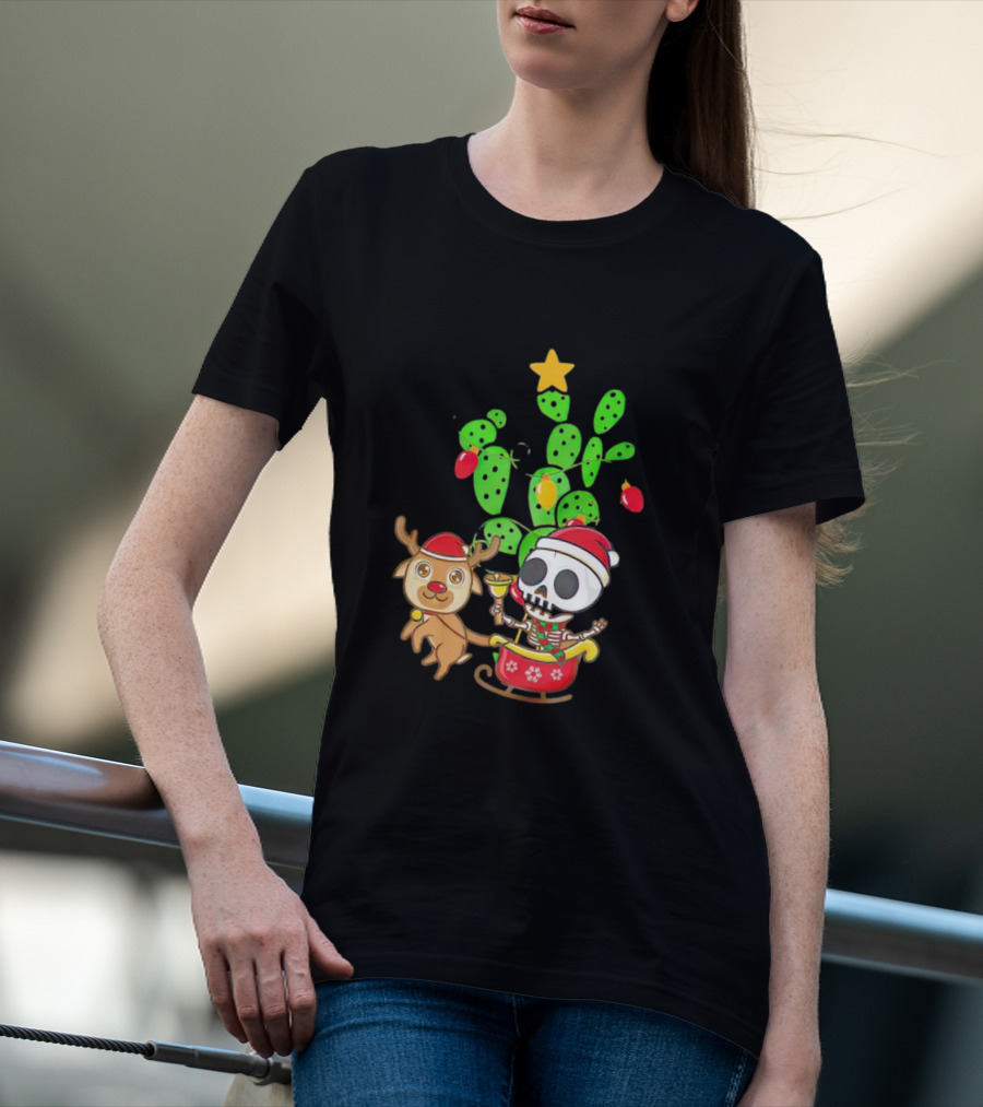 Nopalito Calacas Feliz Navidad Cactus Skeleton Reindeer Christmas T-Shirt