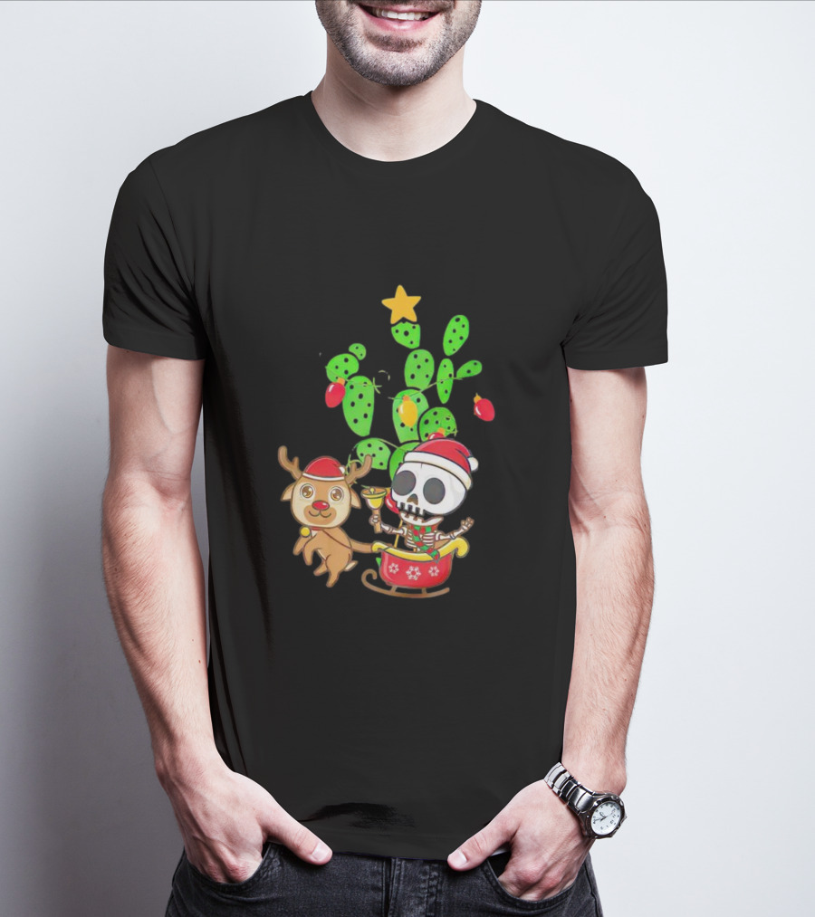 Nopalito Calacas Feliz Navidad Cactus Skeleton Reindeer Christmas T-Shirt