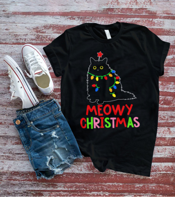 Meowy Christmas Black Cat With Lights T-Shirt