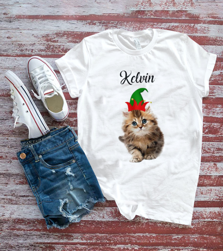 Kelvin Cat Wearing Elf Hat Merry Christmas Custom Name T-Shirt