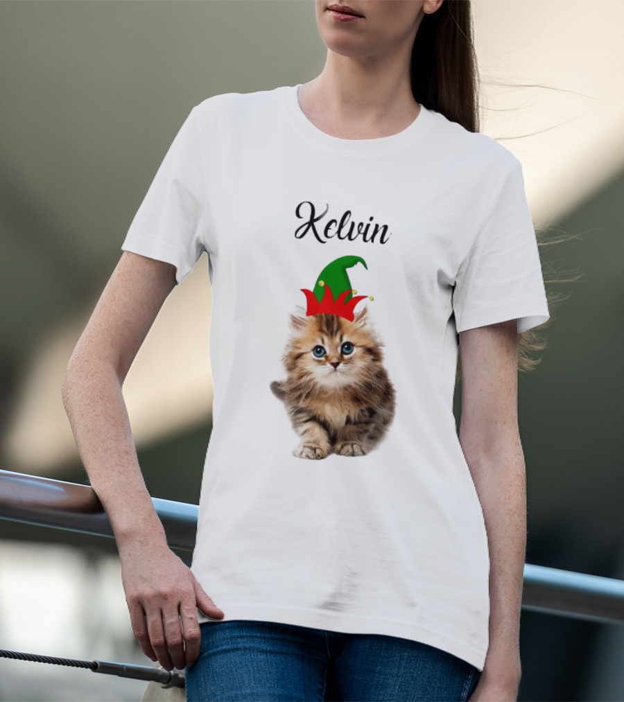 Kelvin Cat Wearing Elf Hat Merry Christmas Custom Name T-Shirt