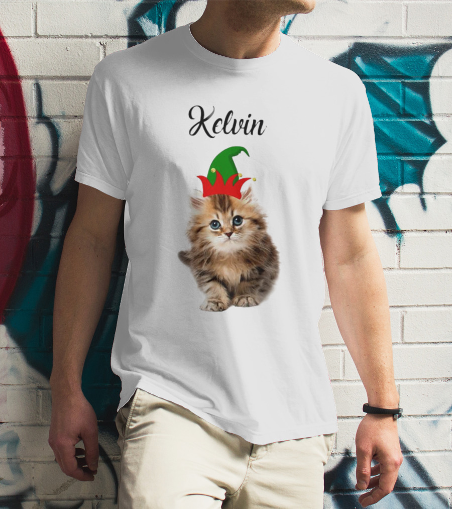Kelvin Cat Wearing Elf Hat Merry Christmas Custom Name T-Shirt
