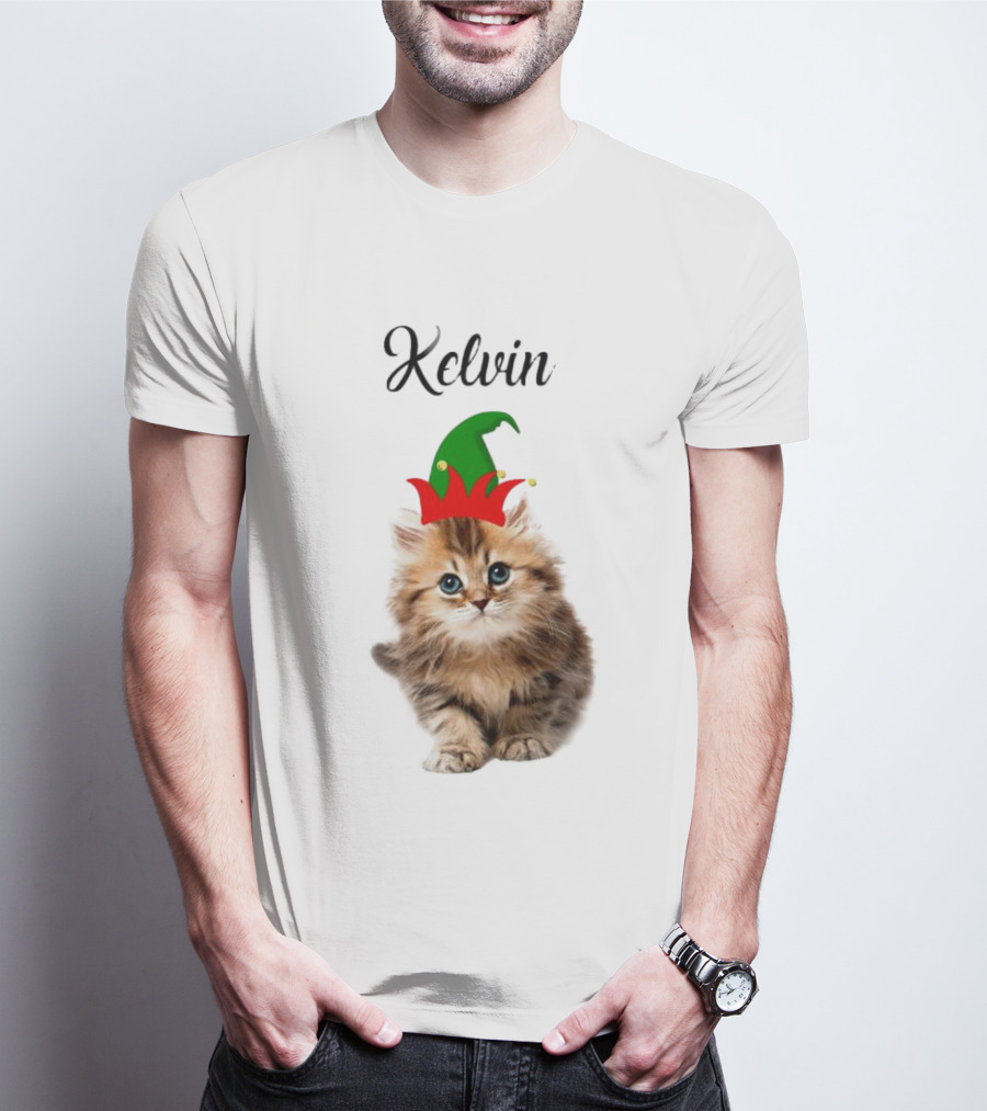 Kelvin Cat Wearing Elf Hat Merry Christmas Custom Name T-Shirt