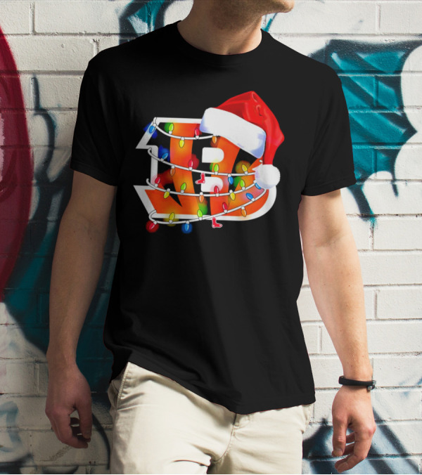 Cincinnati Bengals Christmas Lights Santa Hat Logo Holiday Football T-Shirt
