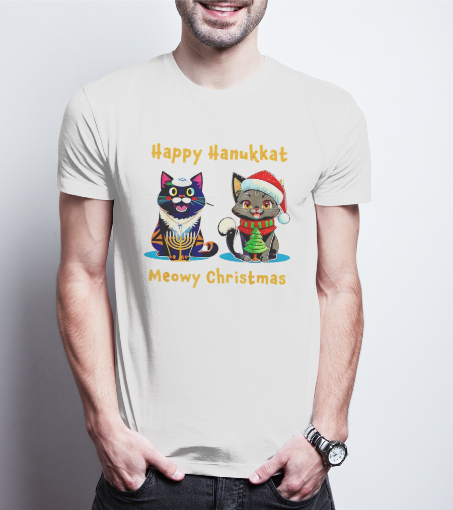 Happy Hanukkat Meowy Christmas Cats In Festive Holiday Attire T-Shirt
