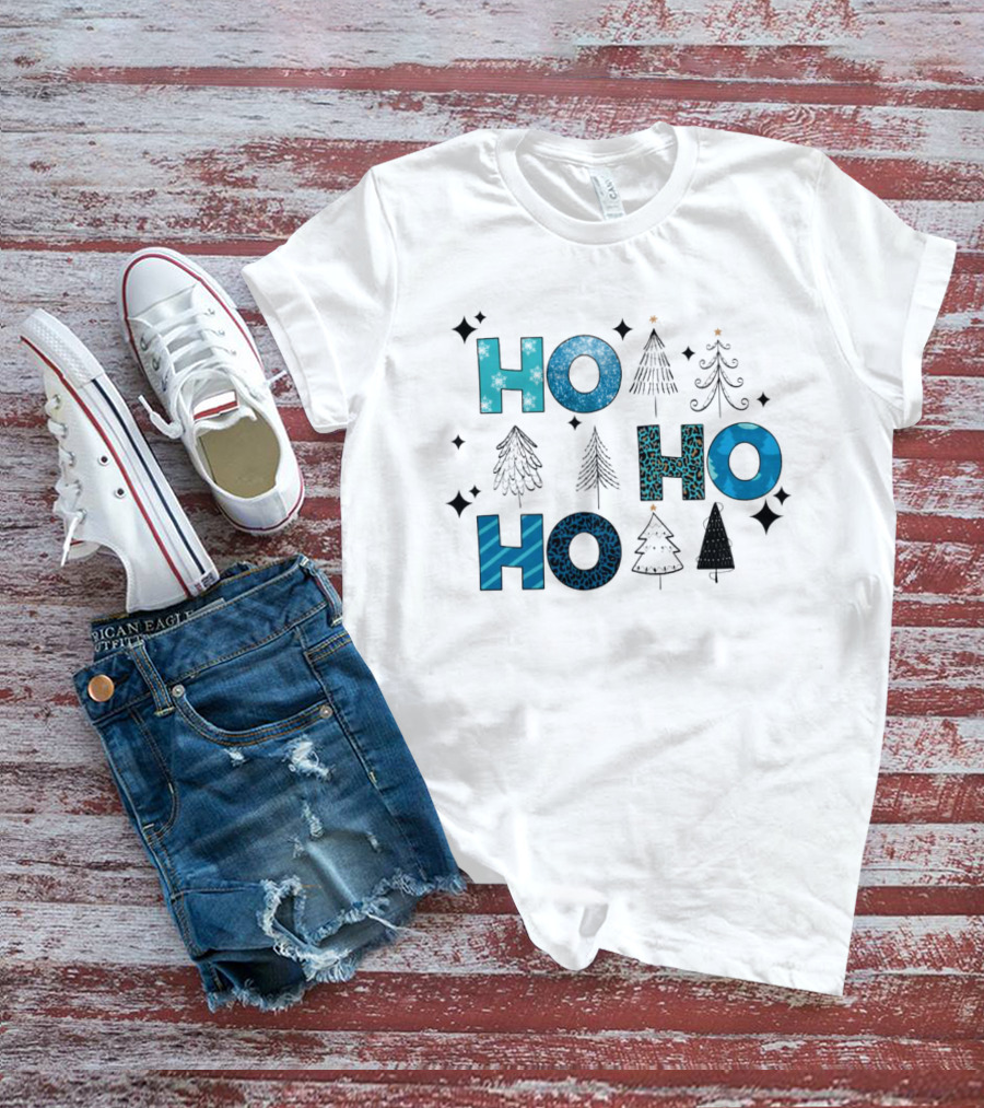 Hohoho Christmas Blue Patterns With Trees And Stars T-Shirt