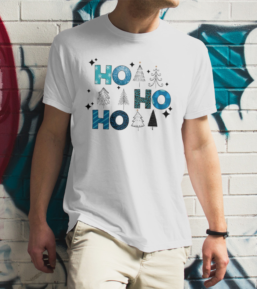 Hohoho Christmas Blue Patterns With Trees And Stars T-Shirt