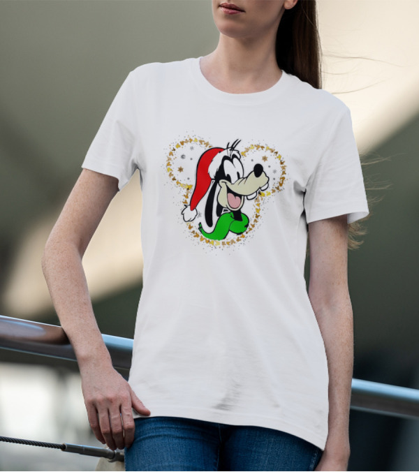 Santa Goofy With Red Hat In Gold Mickey Mouse Outline Christmas T-Shirt