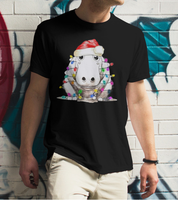 Santa Hippo Wrapped In Christmas Lights With Santa Hat T-Shirt