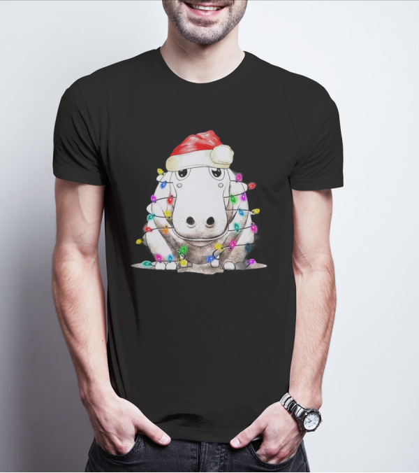 Santa Hippo Wrapped In Christmas Lights With Santa Hat T-Shirt