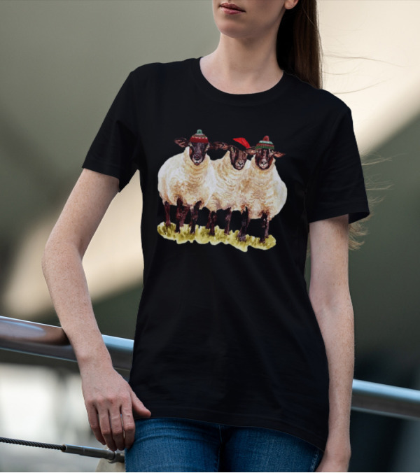 Merry Christmas Santa Sheep Trio With Festive Hats T-Shirt