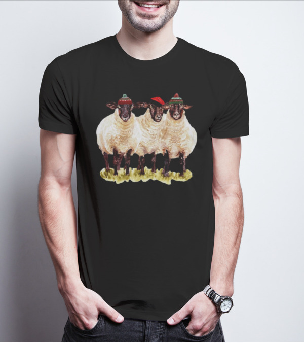 Merry Christmas Santa Sheep Trio With Festive Hats T-Shirt