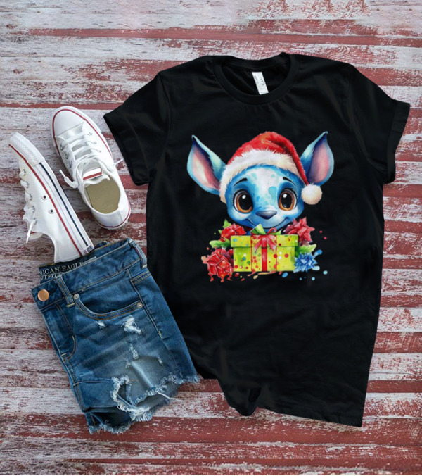 Santa Stitch Holiday Cheer With Christmas Present And Santa Hat T-Shirt