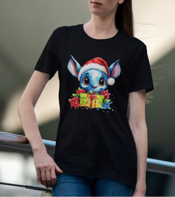 Santa Stitch Holiday Cheer With Christmas Present And Santa Hat T-Shirt