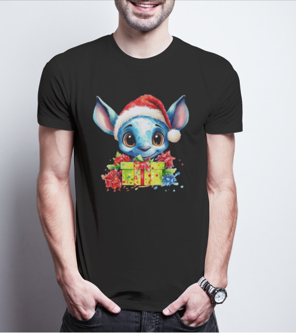 Santa Stitch Holiday Cheer With Christmas Present And Santa Hat T-Shirt