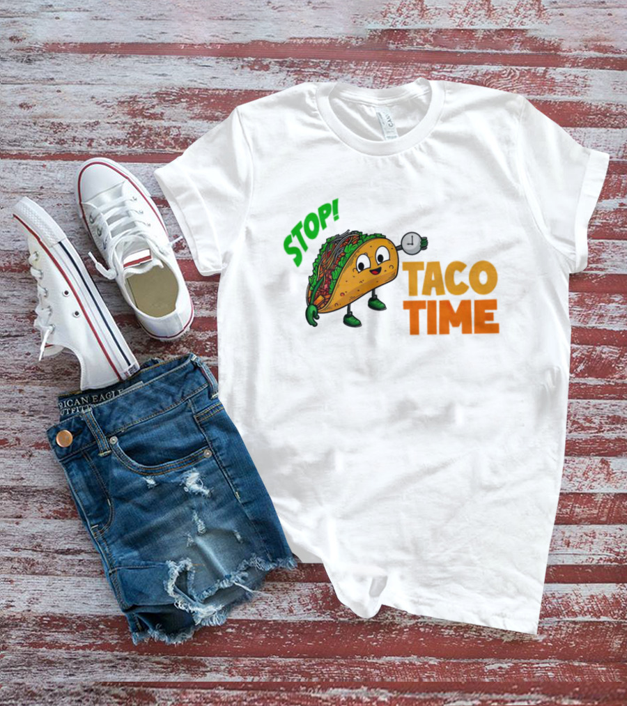 STOP Taco Time Clock Cartoon T-Shirt