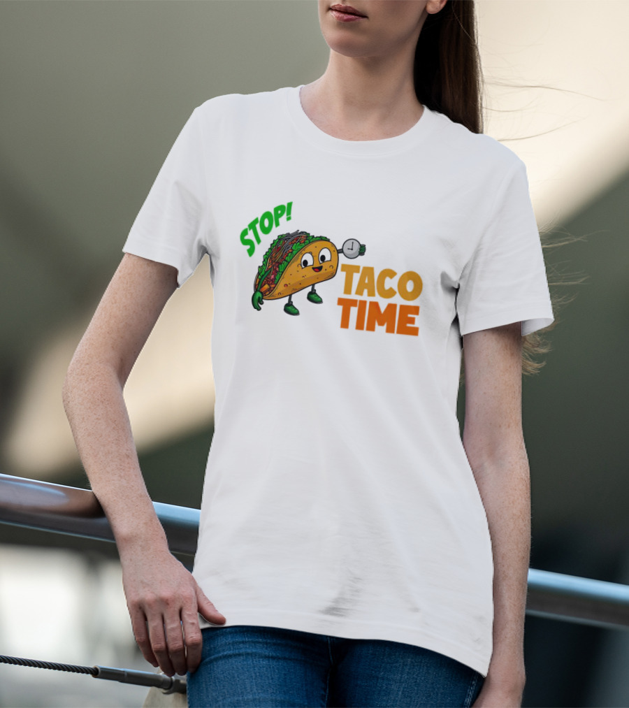 STOP Taco Time Clock Cartoon T-Shirt