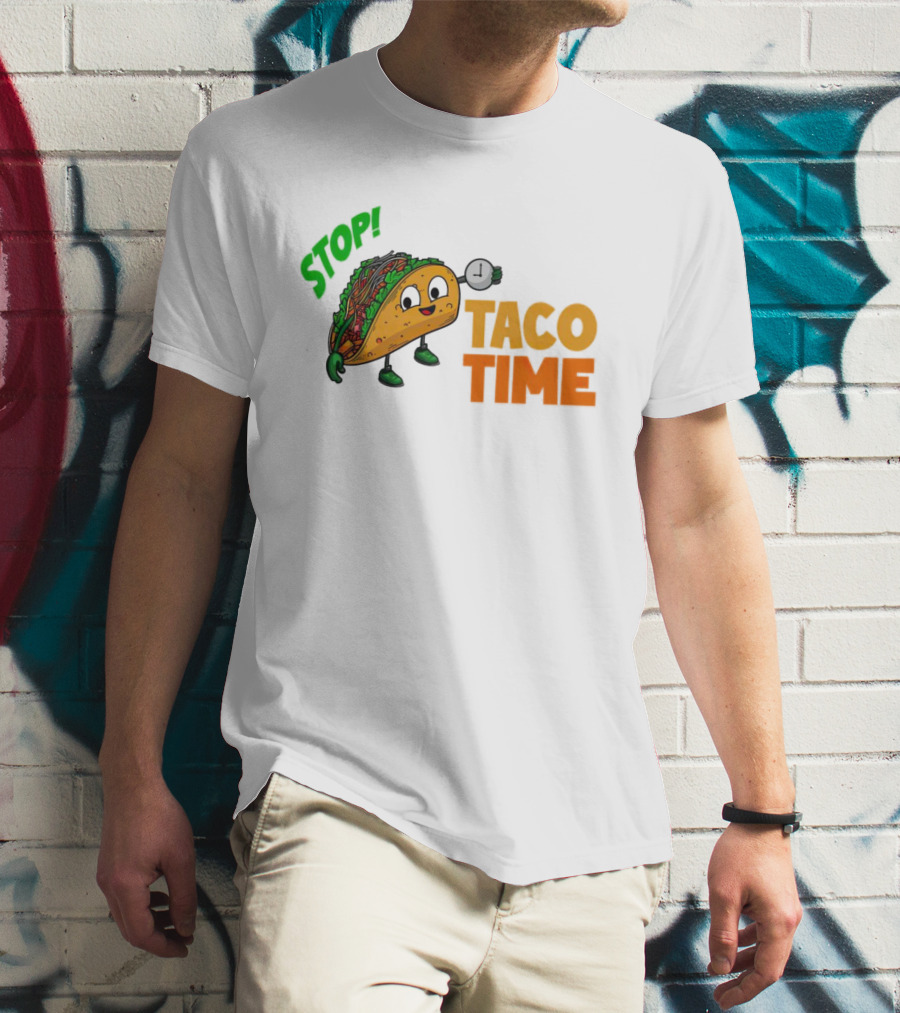STOP Taco Time Clock Cartoon T-Shirt
