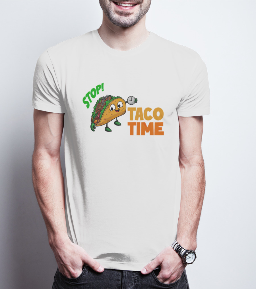STOP Taco Time Clock Cartoon T-Shirt