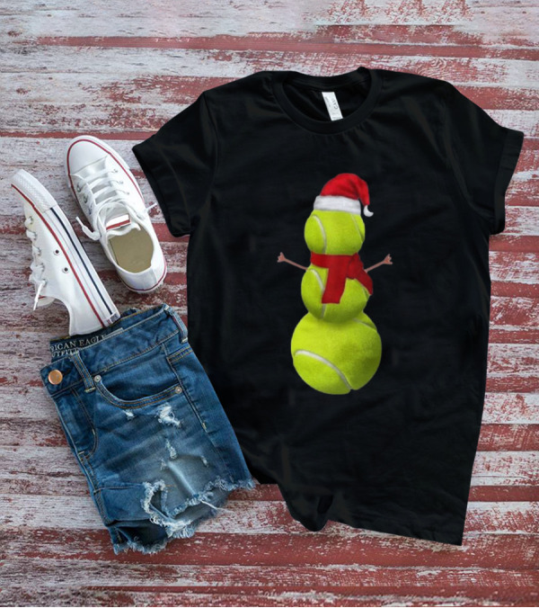 Tennis Ball Snowman With Santa Hat And Scarf Merry Christmas T-Shirt