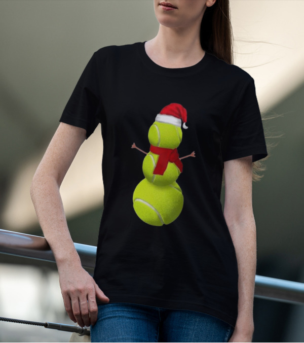 Tennis Ball Snowman With Santa Hat And Scarf Merry Christmas T-Shirt