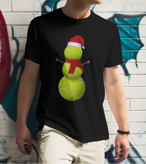 Tennis Ball Snowman With Santa Hat And Scarf Merry Christmas T-Shirt