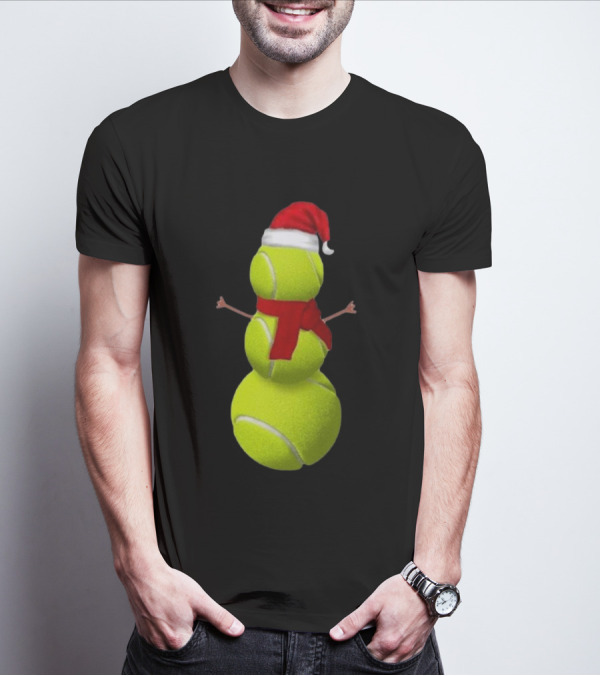 Tennis Ball Snowman With Santa Hat And Scarf Merry Christmas T-Shirt