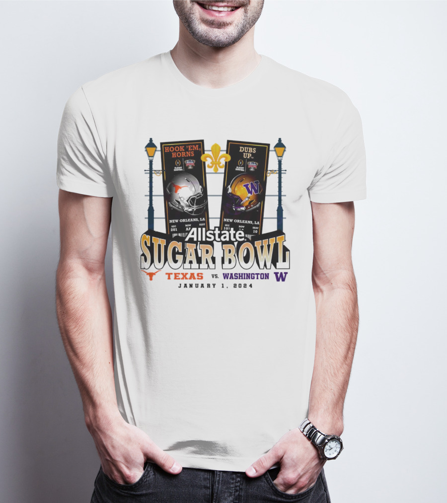 Allstate Sugar Bowl January 1 2024 Washington Huskies Vs Texas Longhorns Hook 'Em Horns Dubs Up New Orleans T-Shirt