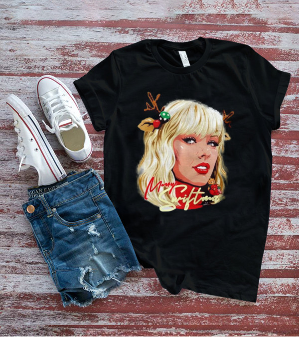 Merry Swiftmas Christmas Reindeer Antlers Bluscious Red Lips Holiday T-Shirt